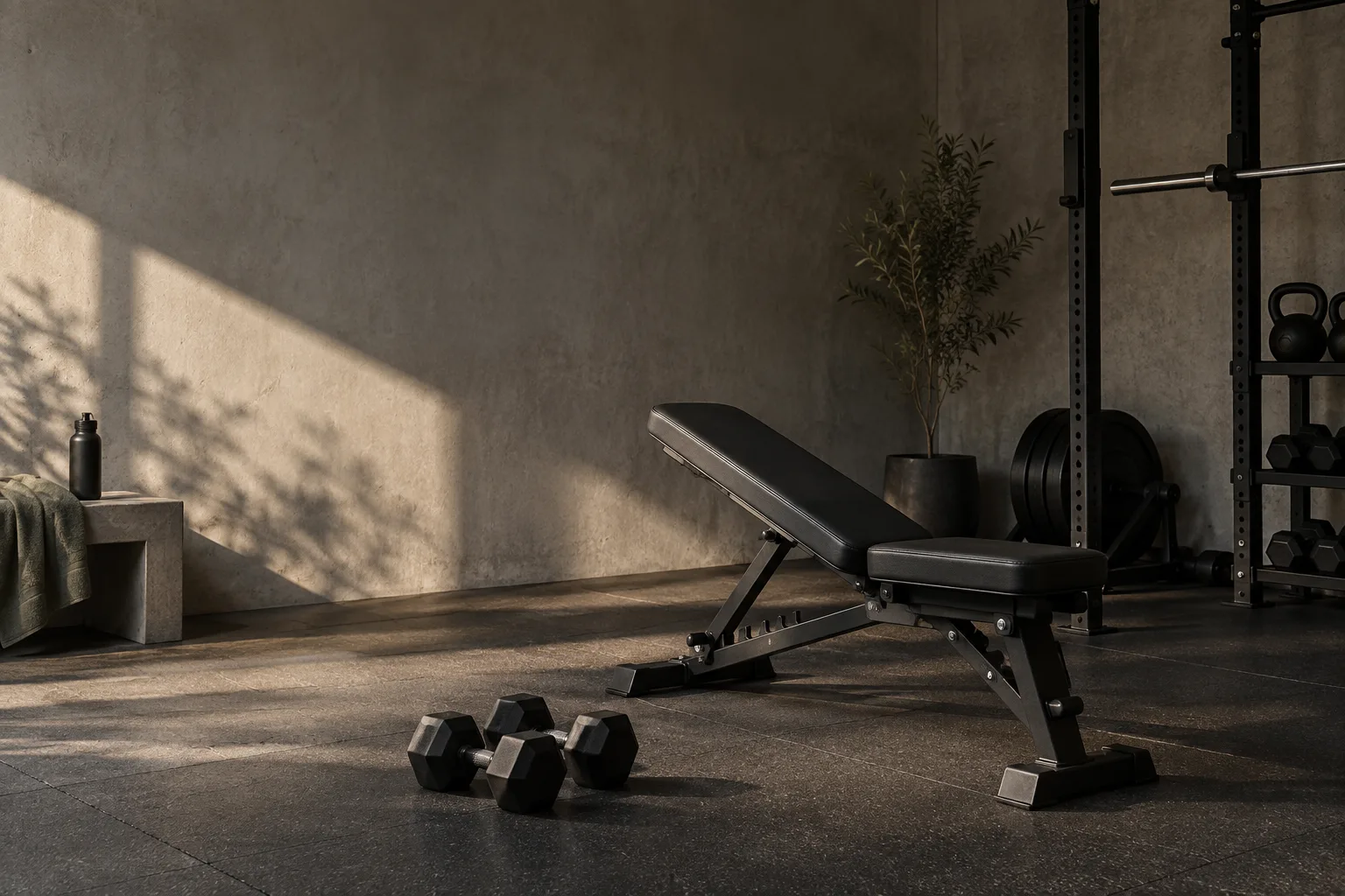 A quiet home gym with dumbbells, an adjustable bench and a rack