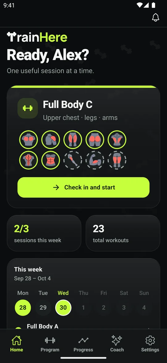 TrainHere home screen showing the next full-body workout and the week's training