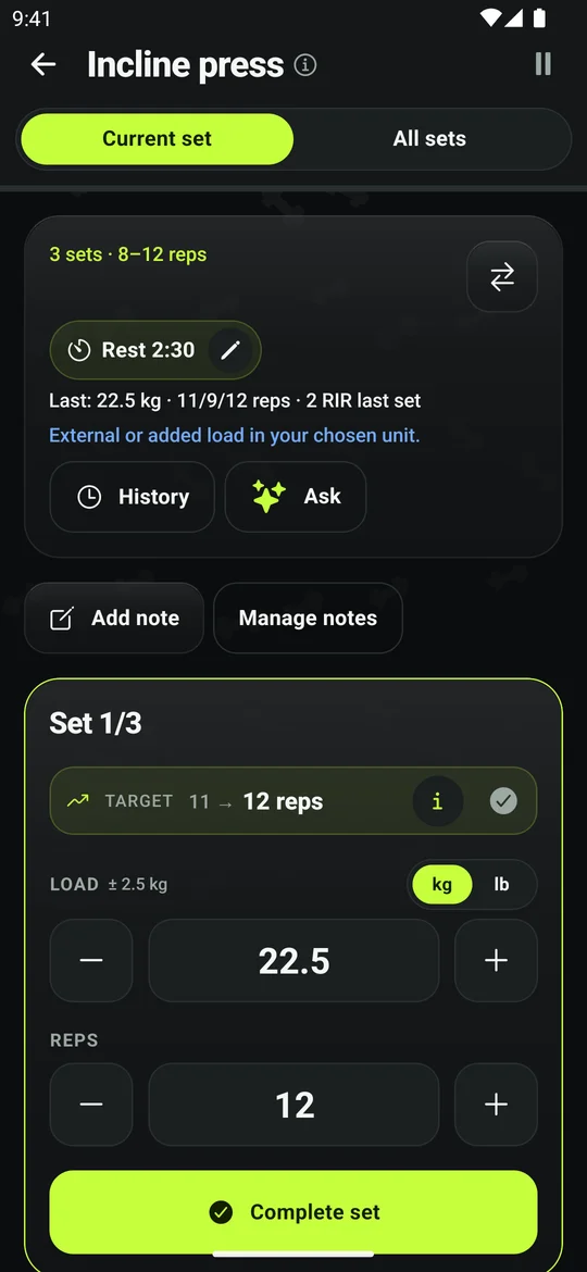 Workout screen with a target of twelve reps, weight and rep controls and a Complete set button